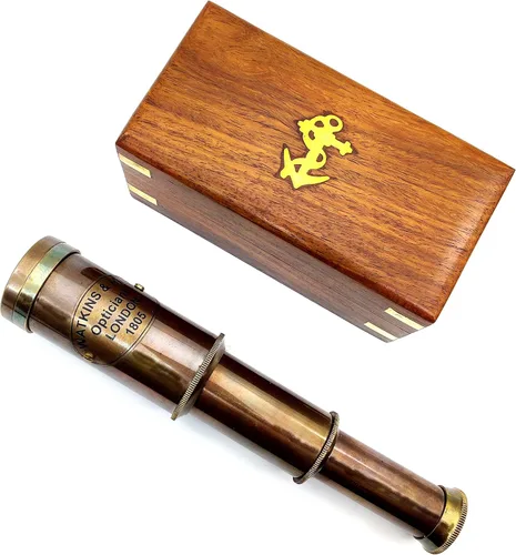 Miniatura 4 de Telescopio de cristal espía de latón náutico con caja de madera, telescopio decorativo monocular plegable pirata con óptica de vidrio para regalo