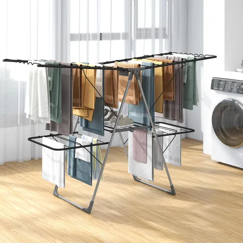 Miniatura 2 de Tangkula Estante de secado de lavandería, estante de secado de ropa plegable con alas ajustables en altura, 33 rieles de secado y clips