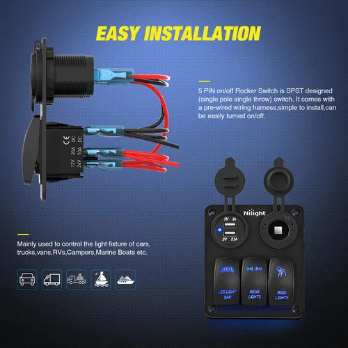 Miniatura 5 de Nilight Panel de Interruptor Basculante de 3 Posiciones con Cargador USB y Encendedor de Cigarrillos 12V 24V Barra de Luz LED Toggle Luces Traseras