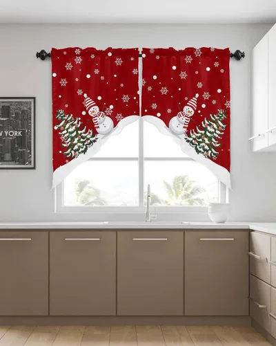 Miniatura 4 de BEMIGO Cortinas de cocina de Navidad, lindas cortinas de granja con muñeco de nieve azul, cenefa con bolsillo para barra de copos de nieve