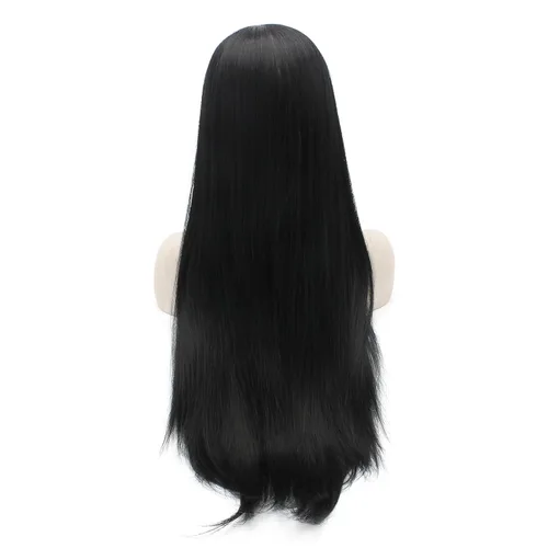 Miniatura 4 de Mxangel - Peluca de cabello sintético largo y lacio con encaje frontal, color negro, natural atado a mano, resistente al calor