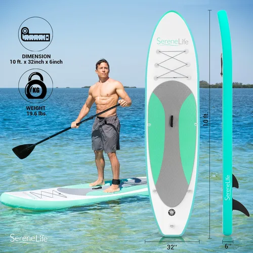 Miniatura 2 de SereneLife 10’ Inflatable Stand Up Paddle Board with Premium SUP Accessories - 32” Wide Stable Design with Non-Slip EVA Deck Pad, for Youth and Verde