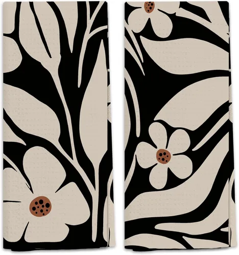 Miniatura 8 de Juego de 2 toallas de cocina retro boho floral, toallas de mano beige y negro para baño, toallas de cocina botánicas, decoración de cocina