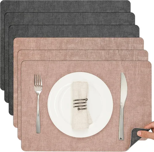 Miniatura 10 de Myir JUN Juego de 6 manteles individuales de doble cara, de piel sintética, para interiores, para mesa de comedor, exteriores, cuadrados, Negro