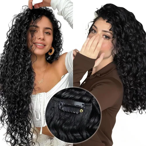 Miniatura 6 de Hetto - Extensiones de cabello humano Remy rizado con clip, color #1 negro azabache, extensiones de cabello humano ondulado natural con doble trama