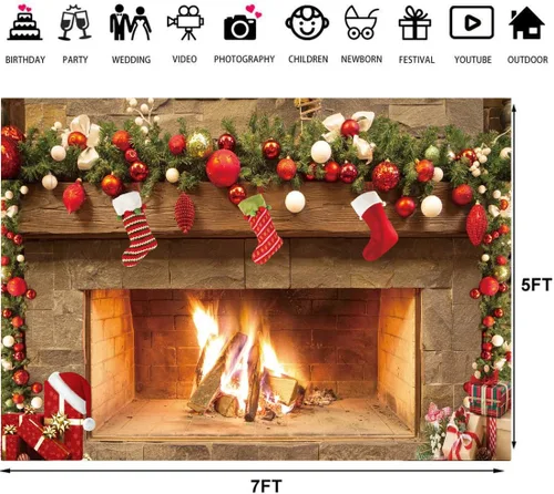 Miniatura 3 de Telón de fondo de chimenea navideña de 7 x 5 pies – Escena festiva de repisa de chimenea con medias, adornos y fuego – Banner de decoración navideña