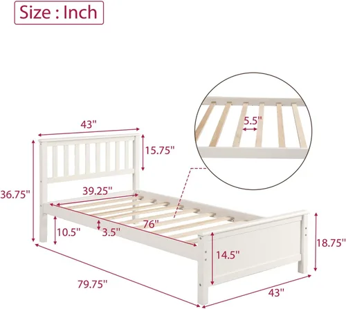 Miniatura 2 de Merax - Base de colchón de madera maciza con cabecero, sin sombreador de caja, fácil montaje para plataforma infantil, doble, blanco (tripa)