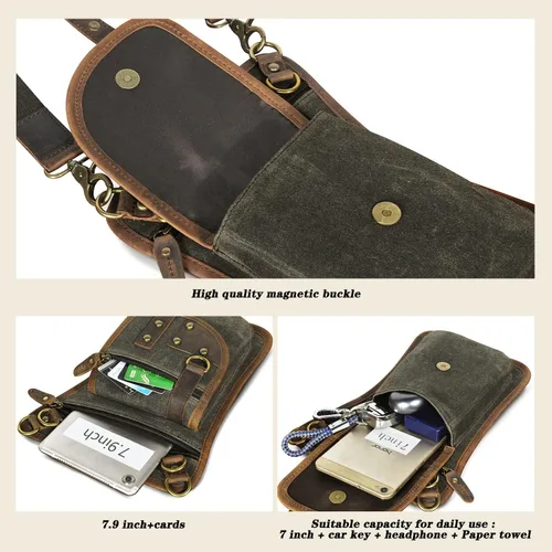 Miniatura 5 de Handadsume Lona resistente al agua + cuero para motocicleta, viajes, riñonera de viaje, bolsa de pierna para hombres y mujeres FB2141, 2141-El verde