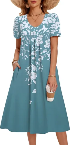 Miniatura 14 de Zeagoo Vestido de verano para mujer, casual, floral, midi, con bolsillos, cuello en V, plisado, manga corta, estilo alineado, para vacaciones
