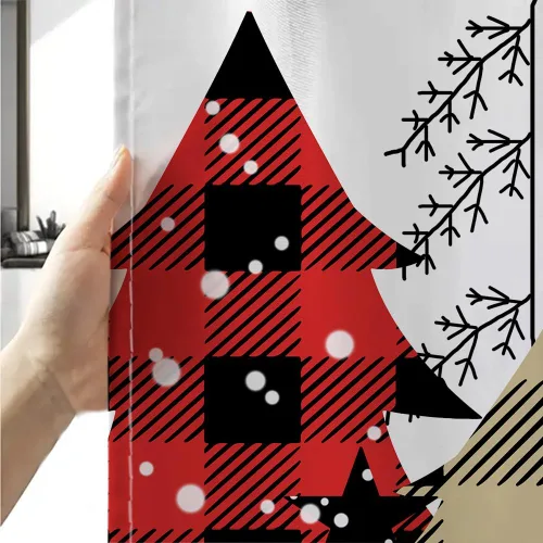 Miniatura 5 de Cortina de ducha de árbol de Navidad, diseño de búfalo negro y rojo, a cuadros, juego de cortinas de ducha de tela para decoración de baño
