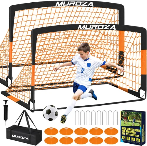 Miniatura 16 de Portería de fútbol, juego de porterías de fútbol para niños para patio trasero, paquete de 2 redes de fútbol portátiles desplegables con pelota