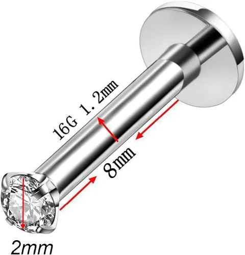 Miniatura 2 de Piercing de labio de 16 G con circonita cúbica de color mixto para labret Monroe nariz, tragus hélice para oreja, joyería de acero inoxidable
