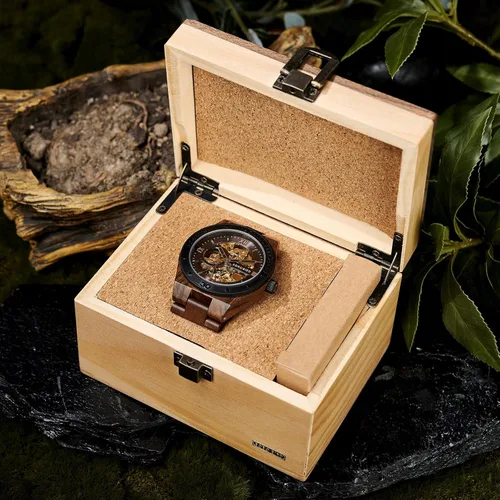 Miniatura 4 de BOBO BIRD Relojes de madera para hombre, reloj mecánico de esqueleto, relojes de pulsera ligeros de lujo con correa de madera natural de colección