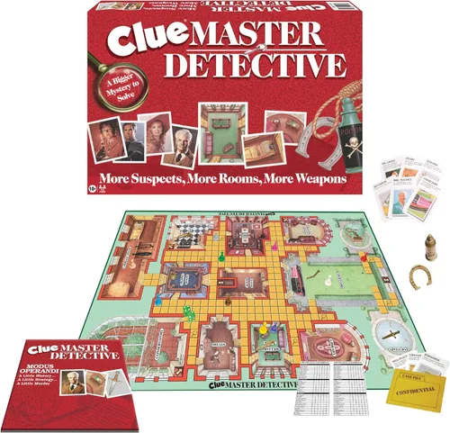Clue Master Detective con armas de metal de tono latón de gran tamaño por Winning Moves Games USA, el juego de Clue más grande jamás creado, para