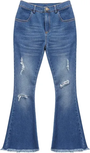 Miniatura 6 de YiZYiF Pantalones vaqueros acampanados rasgados para niños y niñas, pantalones de mezclilla de cintura alta, pantalones casuales de verano