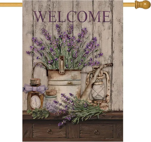Miniatura 8 de Hzppyz Bandera de bienvenida para jardín de colibrí de primavera de doble cara, flor morada, pájaro amarillo, mariposa, decorativa, casa, patio