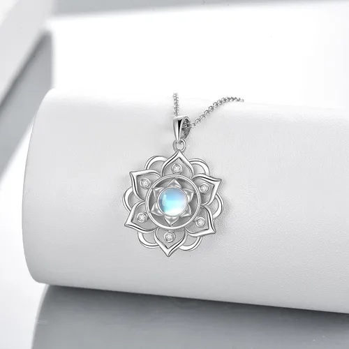 Miniatura 4 de Collar de loto de plata de ley 925, collar con colgante de piedra lunar, joyería de loto para yoga para mujer, Piedra de luna