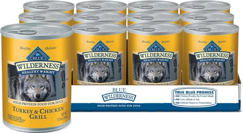 Blue Buffalo Wilderness - Alimento húmedo para perros adultos, peso saludable, alto en proteínas y sin granos, receta de pavo y pollo, lata de 12.5