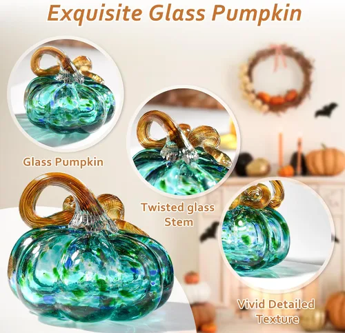 Miniatura 2 de Figura de calabaza de vidrio soplado grande de 3 pulgadas, coleccionable, para Acción de Gracias, cosecha de otoño, calabaza, pisapapeles