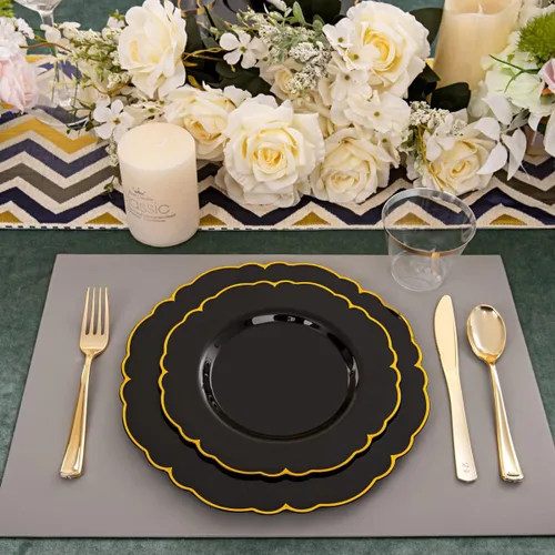 Miniatura 3 de Morejoy 175 platos de plástico de oro negro, plato negro con servilletas enrolladas: 50 platos, 25 cucharas, 25 tenedores, 25 cuchillos, 25 tazas