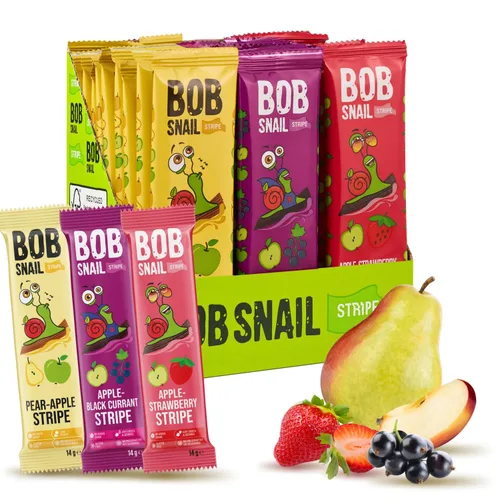 BOB SNAIL Bocadillos de fruta saludables para niños y adultos – 30 bocadillos de fruta en tiras con sabor a manzana-pera, fresa, grosella negra –