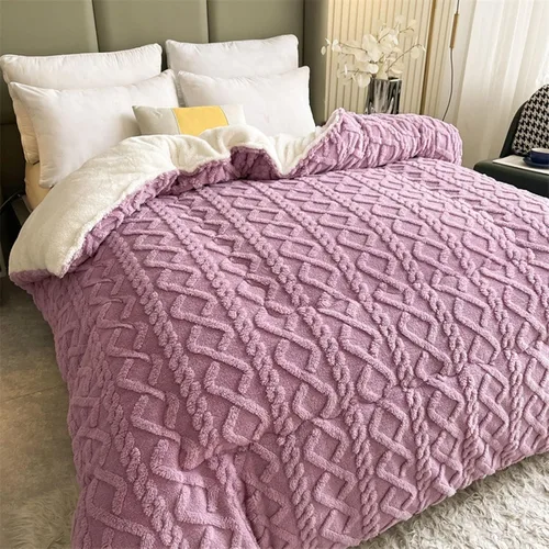 Miniatura 12 de Edredón de felpa de cordero grueso de doble capa, edredón cálido para invierno, edredón jacquard a cuadros de hibisco, manta de cama gruesa