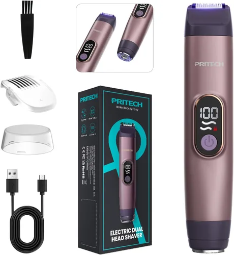 PRITECH Recortadora de bikini para mujer, maquinilla de afeitar eléctrica 2 en 1 sin dolor para piel de seda, afeitadora portátil para mujer, área
