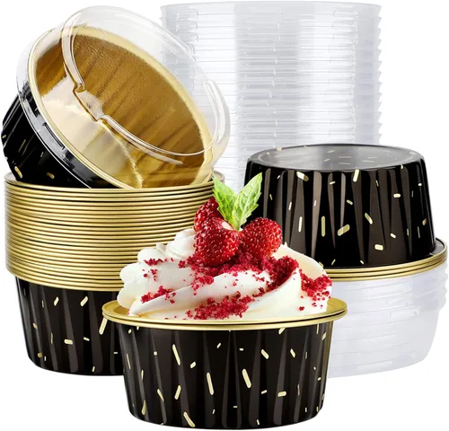 Miniatura 12 de EUSOAR Tazas de aluminio para hornear, paquete de 30 tazas de 5 onzas para cupcakes con tapas, moldes de pastel de 4.2 fl oz, flanes de postres, Azul