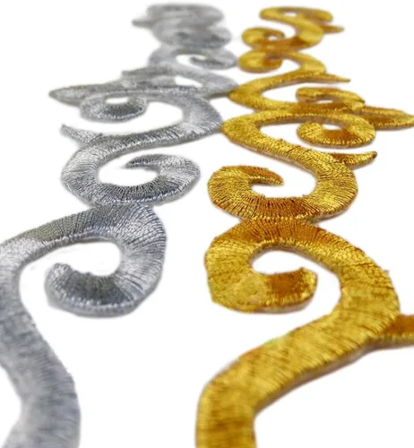 Miniatura 4 de 10 piezas de parche bordado metálico para planchar con borde de vid, apliques de encaje, diseño de desplazamiento largo para boda, vestido de novia