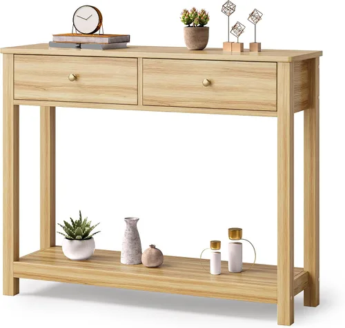 Miniatura 15 de Gizoon - Mesa de consola con 2 cajones, mesa de entrada de 2 niveles de madera con estantes de almacenamiento, mesa de sofá de 39" de ancho