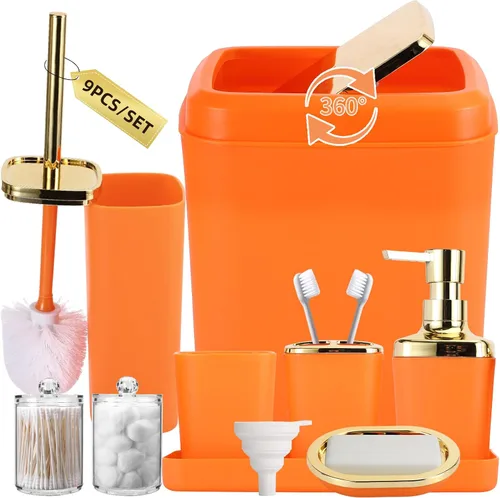 Miniatura 46 de XLHOMO - Juego de baño beige de plástico de 9 piezas, con basurero, dispensador de jabón, portacepillos de dientes, vaso, jabonera, cepillo