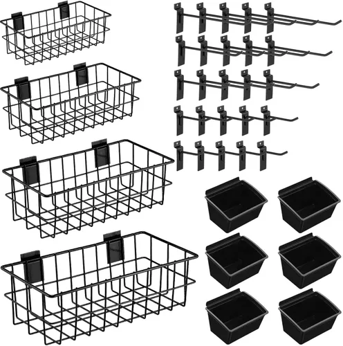 Barydat El juego de 35 accesorios de Slatwall incluye 4 cestas de Slatwall, 6 contenedores de almacenamiento y 25 ganchos montados para colgar