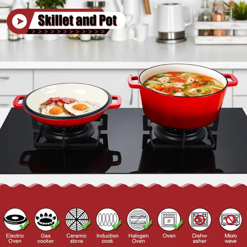 Miniatura 3 de P&P CHEF Olla de horno holandés de 5 cuartos de galón para hornear pan (Rojo), juego de olla y sartén de hierro fundido redondo con tapa 2 en 1
