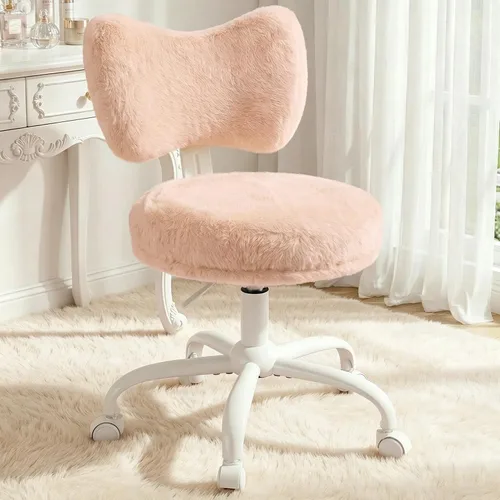 Miniatura 11 de Homkdom Silla de tocador con ruedas, bonita silla de escritorio con respaldo de lazo, silla de oficina pequeña de piel de conejo sintética esponjosa