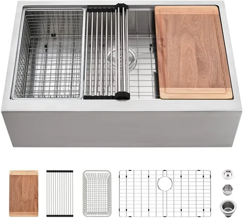 Miniatura 11 de Fregadero de cocina negro de 84 cm para casa de campo con estación de trabajo-VASOYO 33x22 Fregadero de cocina negro de acero inoxidable para casa