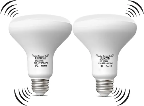 LUXON Bombillas con sensor de movimiento de radar BR25 de 9 W, detector equivalente al atardecer al amanecer de 90 W, iluminación de lámpara LED