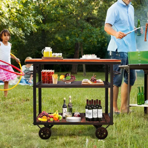 Miniatura 6 de Topower Carrito de bar industrial, carrito de servicio con ruedas y asa, carrito de metal para bebidas de 3 niveles con bandeja extraíble y estantes