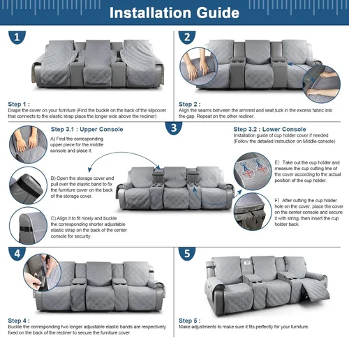 Miniatura 7 de TAOCOCO Fundas de sofá reclinable 100% impermeables con consola, fundas de sofá para sofá reclinable de 3 asientos con diseño de correas, funda