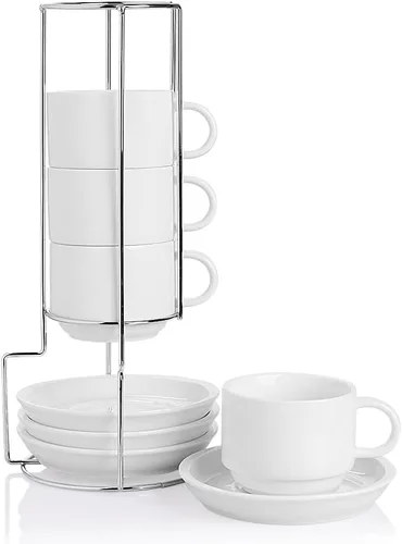 Miniatura 22 de Sweejar - Tazas de café de porcelana con platillos, tazas de capuchino apilables de 4 onzas con soporte de metal para bebidas de café, café