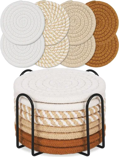 Juego de 8 posavasos para bebidas con soporte, estilo bohemio, minimalista, tejido de algodón, juego para bebidas, mesa auxiliar, decoración del