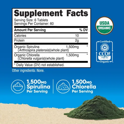 Miniatura 2 de Nutricost Espirulina orgánica + clorella (3,000 mg) 360 tabletas - USDA Organic, 1,500 mg de espirulina, 1,500 mg de clorella, vegano, sin OMG, sin