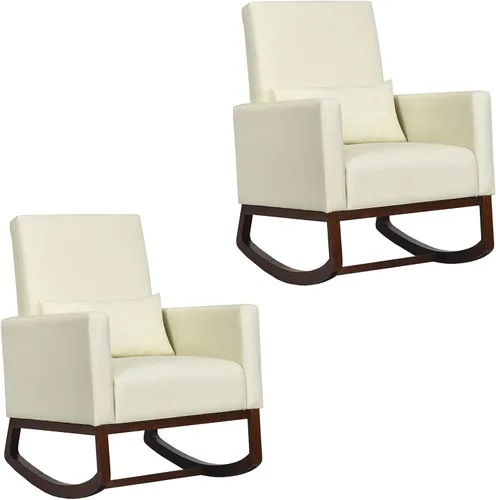 Miniatura 10 de Giantex Mecedora de tela con respaldo alto y almohada para la cintura, de madera, cónica y mecedora de dos patas, silla tapizada multifuncional