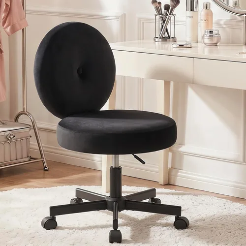 Miniatura 14 de Furniliving Silla de escritorio redonda sin brazos, pequeña silla tapizada de terciopelo con ruedas, silla de tarea ajustable giratoria con ruedas
