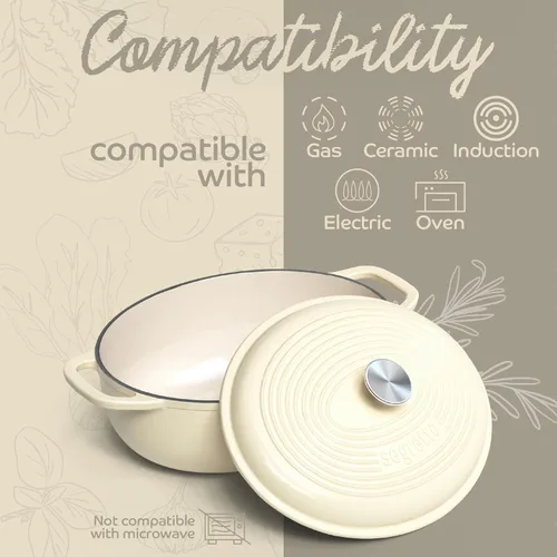 Miniatura 6 de Segretto Cookware Horno holandés ovalado de hierro fundido esmaltado, 7 cuartos de galón blanco Bianco Perla (Off-White)