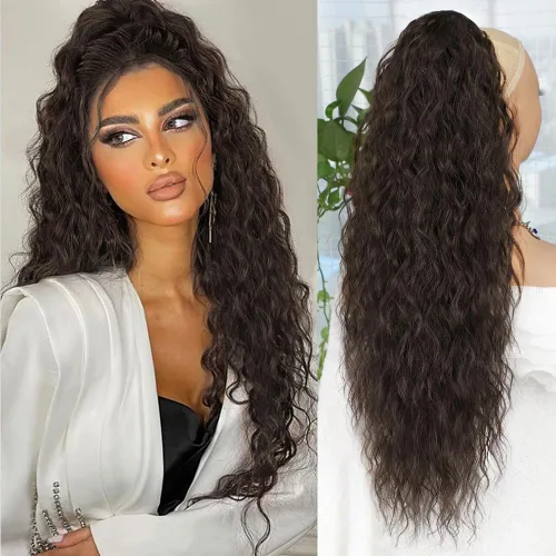 ALXNAN Cola de caballo con clip de garra, extensión de cola de caballo marrón oscuro de 26 pulgadas para mujer, extensiones de cabello sintético