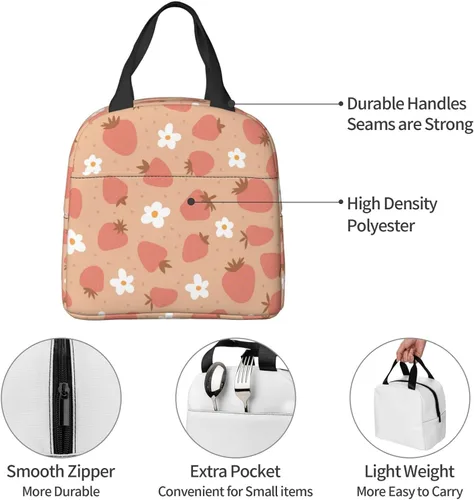 Miniatura 6 de Bolsa de almuerzo con aislamiento de fresas y flores, bolsa reutilizable para el regreso a clases, contenedor portátil para niños y niñas, cajas