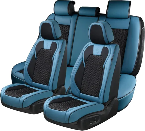 Coverado Juego completo de fundas de asiento, fundas de asiento de piel sintética transpirable de 5 asientos para automóviles, funda de asiento de