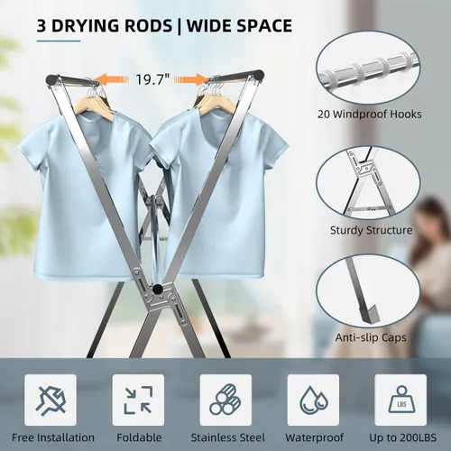 Miniatura 2 de Estante de secado de ropa, de acero inoxidable resistente, ajustable y plegable, para interiores y exteriores, con 20 ganchos resistentes al viento