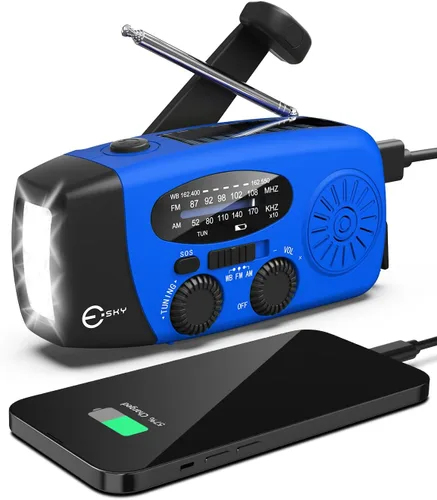 Esky Radio de emergencia con manivela y 3 linternas LED, radio meteorológica portátil AM/FM/NOAA con cargador de teléfono de 2000mAh, radio
