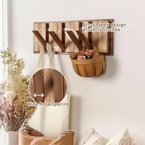 Miniatura 4 de Perchero de pared para entrada: Plegable rústico de madera con 8 ganchos, montaje de 16.5 pulgadas, elegante colgador de piano para pasillo